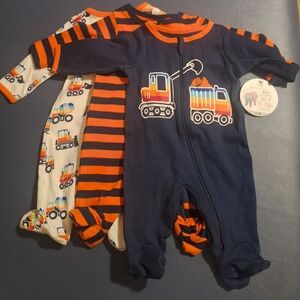 Kids Construction Print Footies in Navy and Orange Size 0-3 Months
